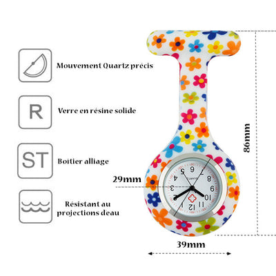 Montre à broche silicone pour infirmière motif "summer flowers" - caractéristiques