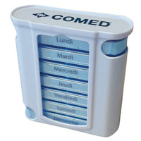 Pilulier hebdomadaire COMED en français - 7 compartiments journaliers divisés en 4 sous compartiments pour chaque moment de la journée