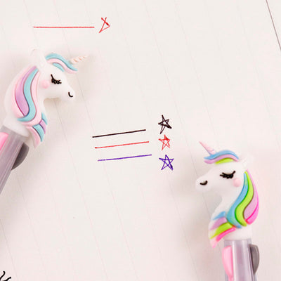 Stylo 3 couleurs à tête de Licorne encre bleu, rouge et noire - fournitures de bureau fantaisie